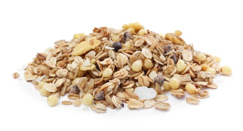 Photo of Pile of granola on white background. Healthy snack