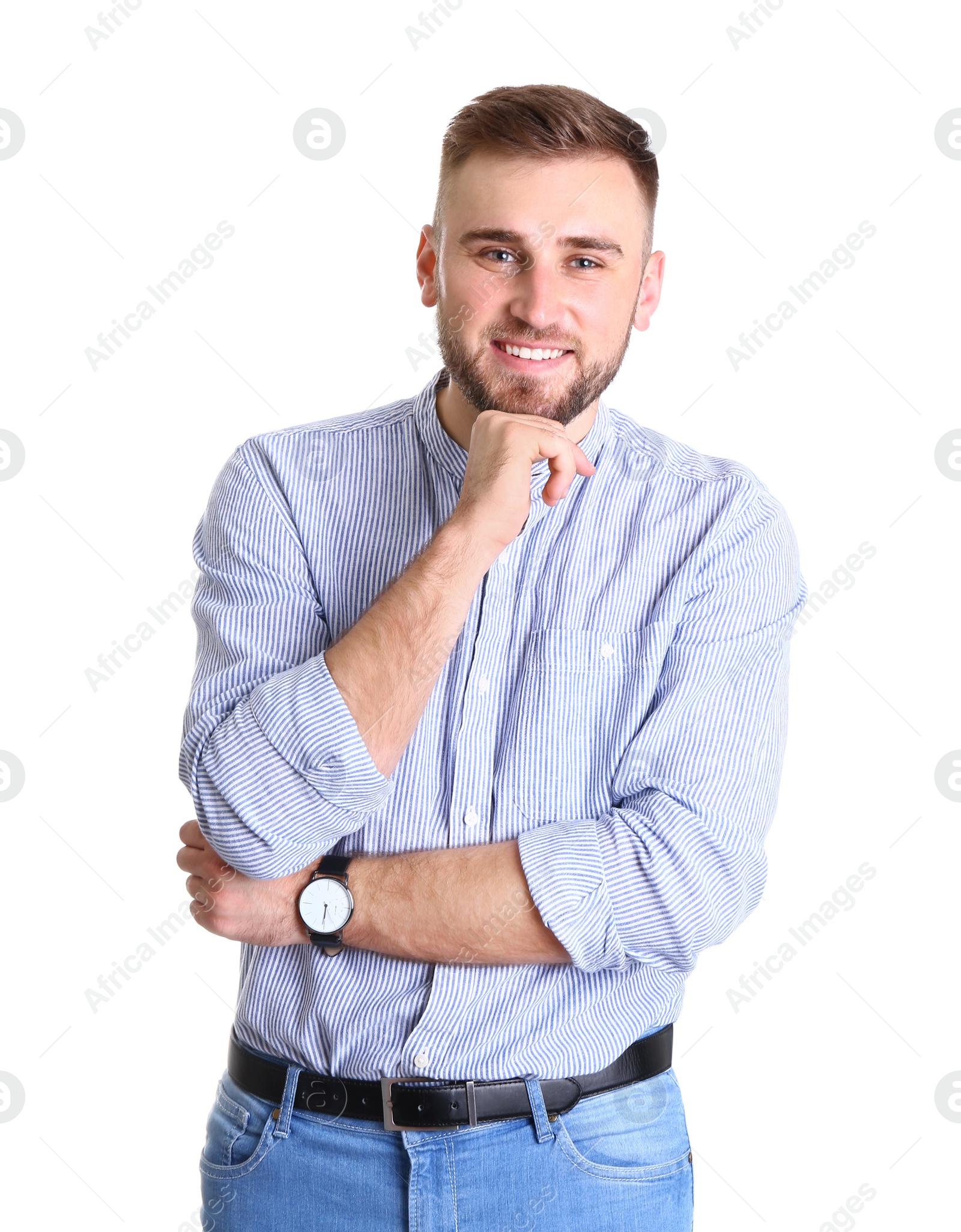 Photo of Portrait of handsome happy man on white background