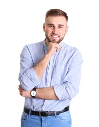 Portrait of handsome happy man on white background