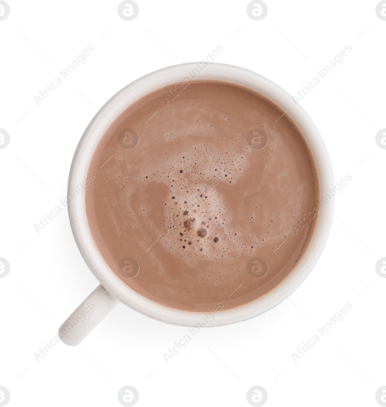 Photo of Delicious cocoa drink in cup on white background, top view