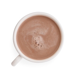 Photo of Delicious cocoa drink in cup on white background, top view