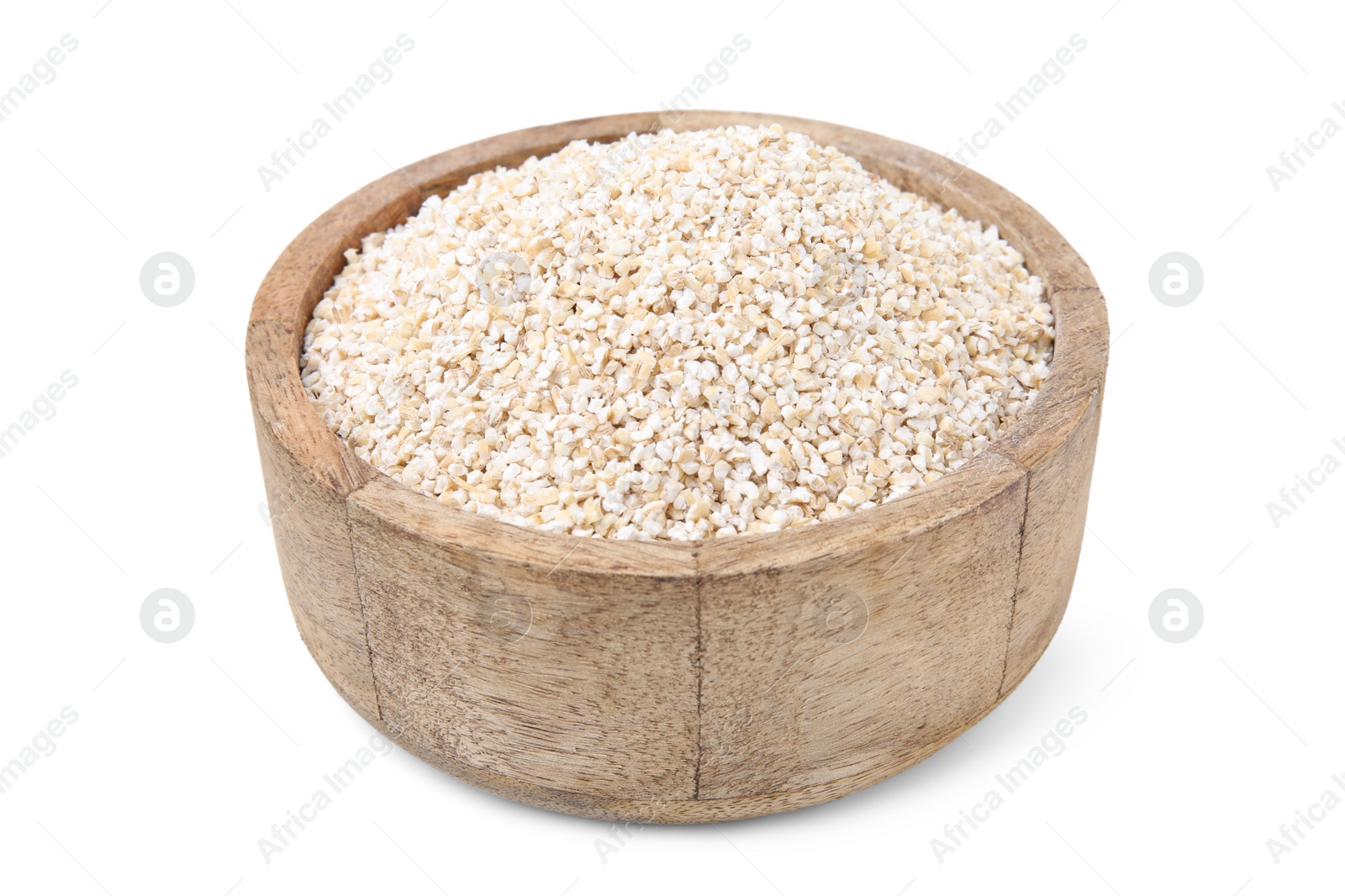 Photo of Dry barley groats in bowl isolated on white