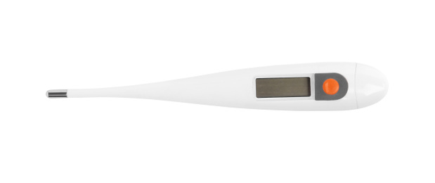 Photo of Modern digital thermometer on white background, top view