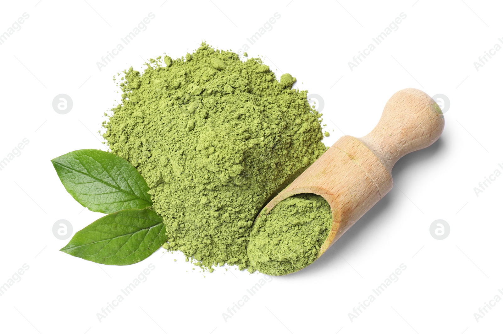 Photo of Pile of green matcha powder, scoop and leaves isolated on white, top view