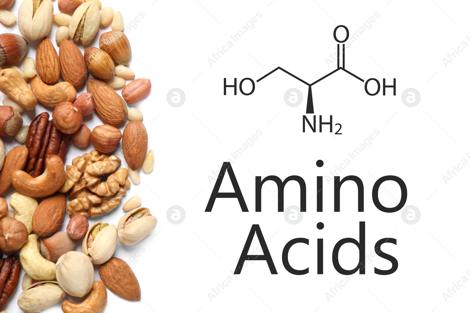 Image of Different delicious nuts on white background, flat lay. Source of essential amino acids