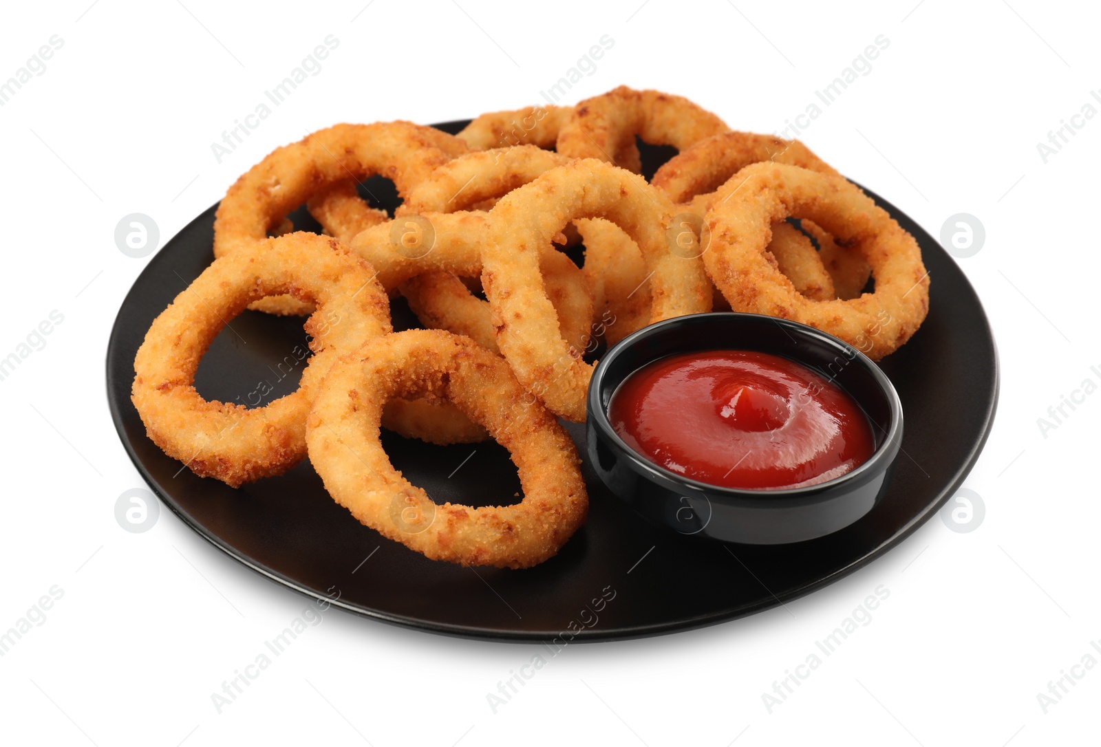 Photo of Tasty fried onion rings with ketchup isolated on white