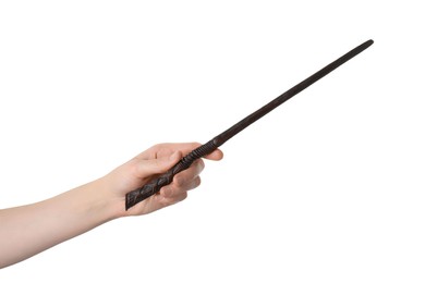 Photo of Woman holding wooden magic wand on white background, closeup