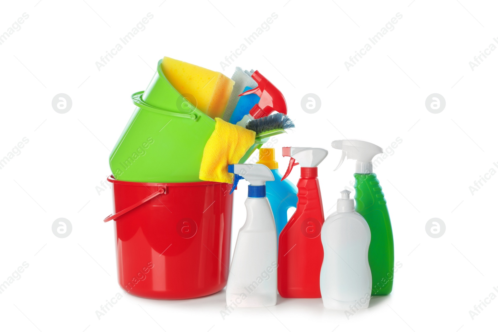 Photo of Plastic buckets and different cleaning supplies on white background