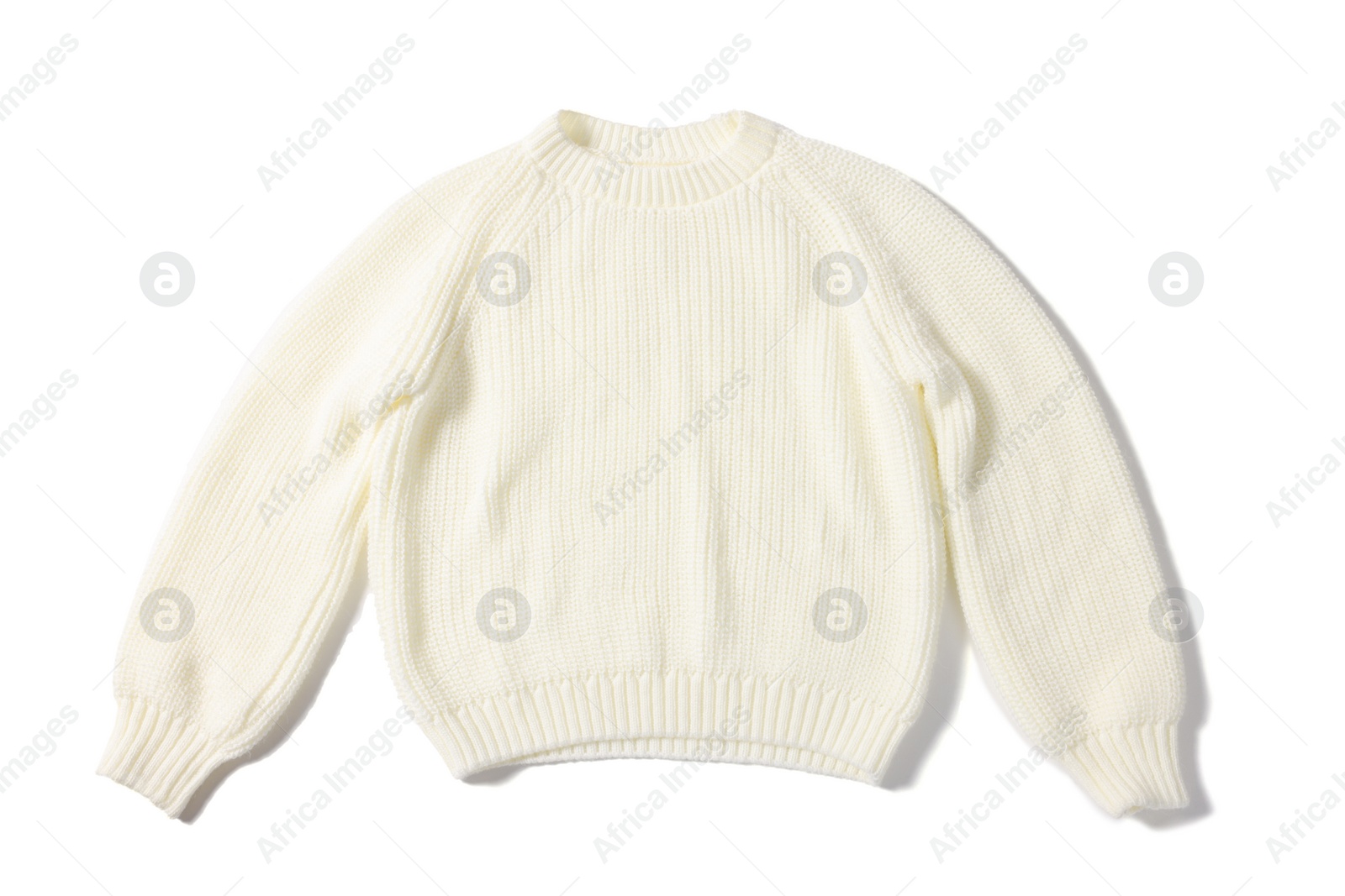 Photo of Stylish knitted sweater isolated on white, top view