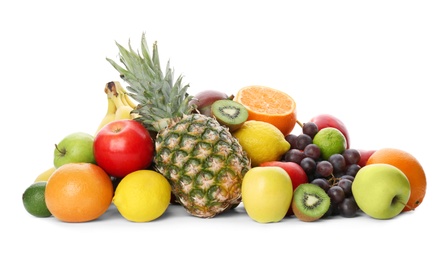 Rainbow collection of ripe fruits on white background