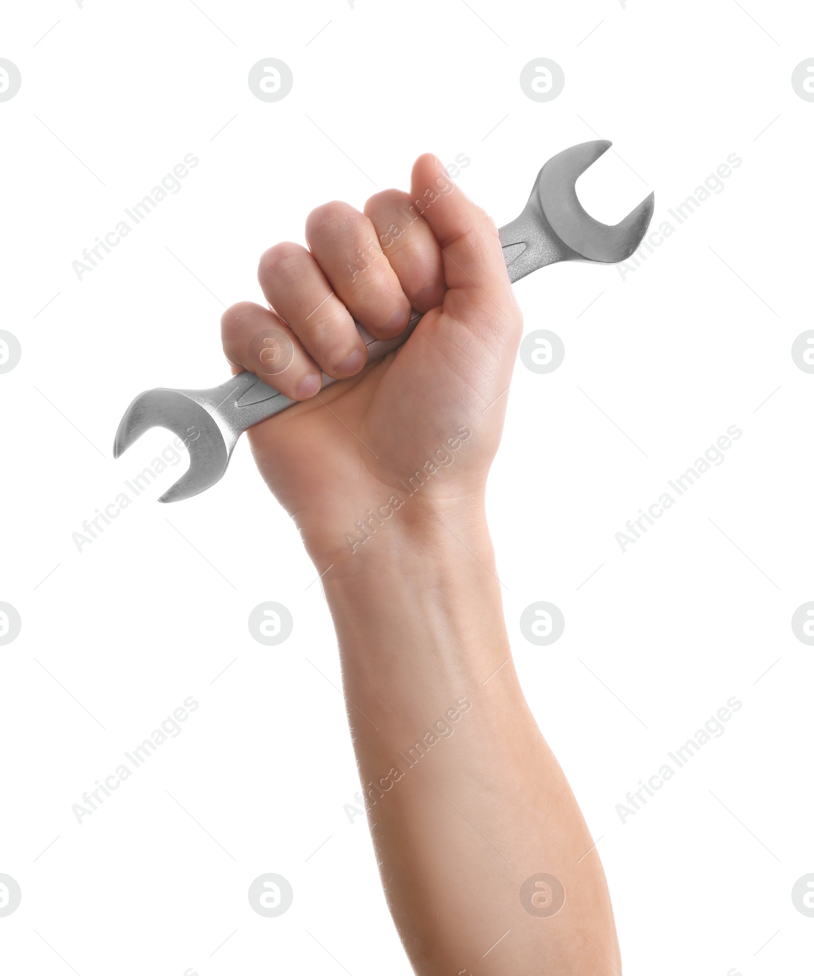 Photo of Man holding wrench isolated on white. Construction tools