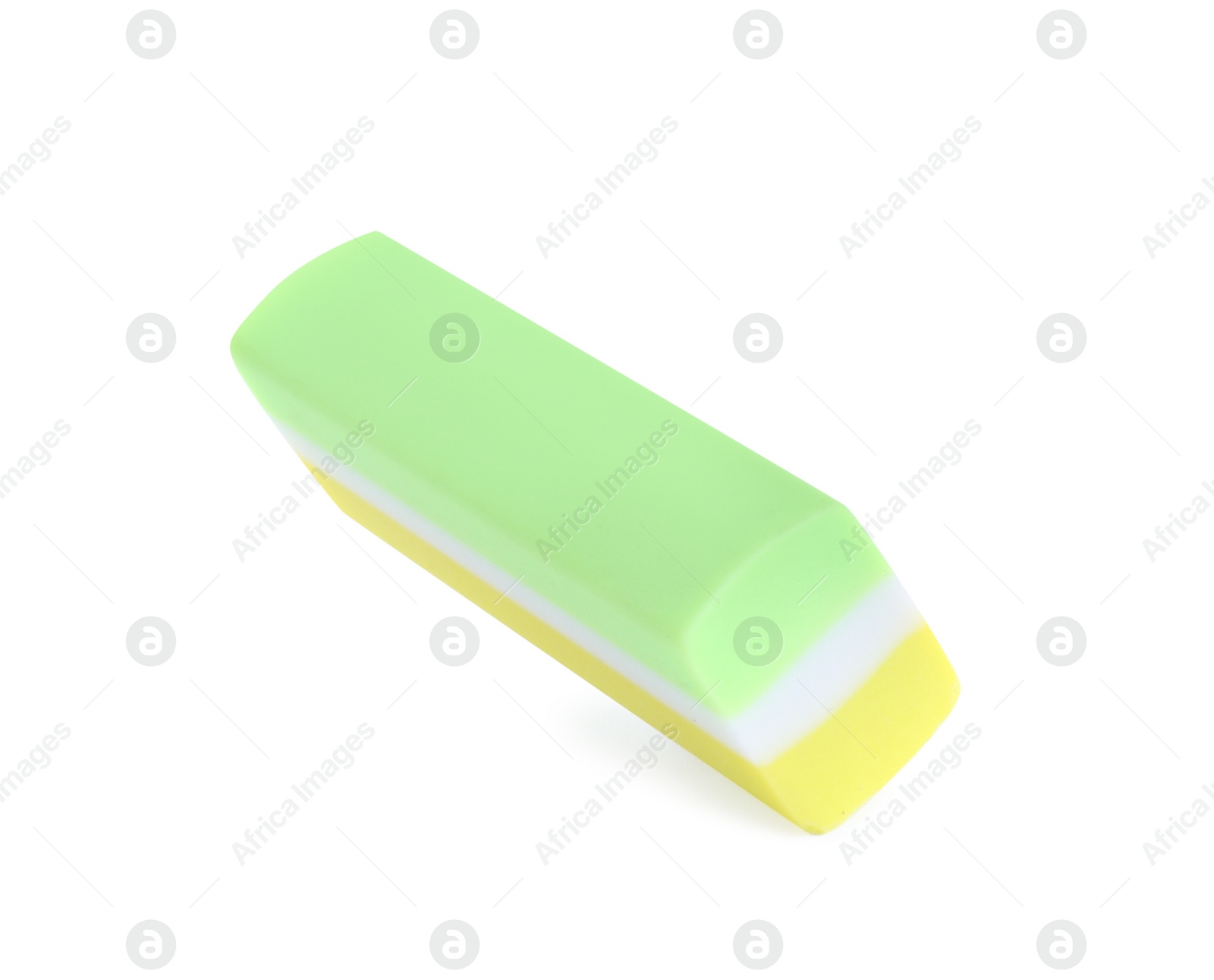 Photo of New eraser isolated on white. School stationery
