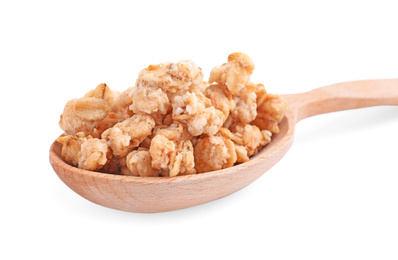 Image of Tasty crispy granola in wooden spoon on white background, closeup