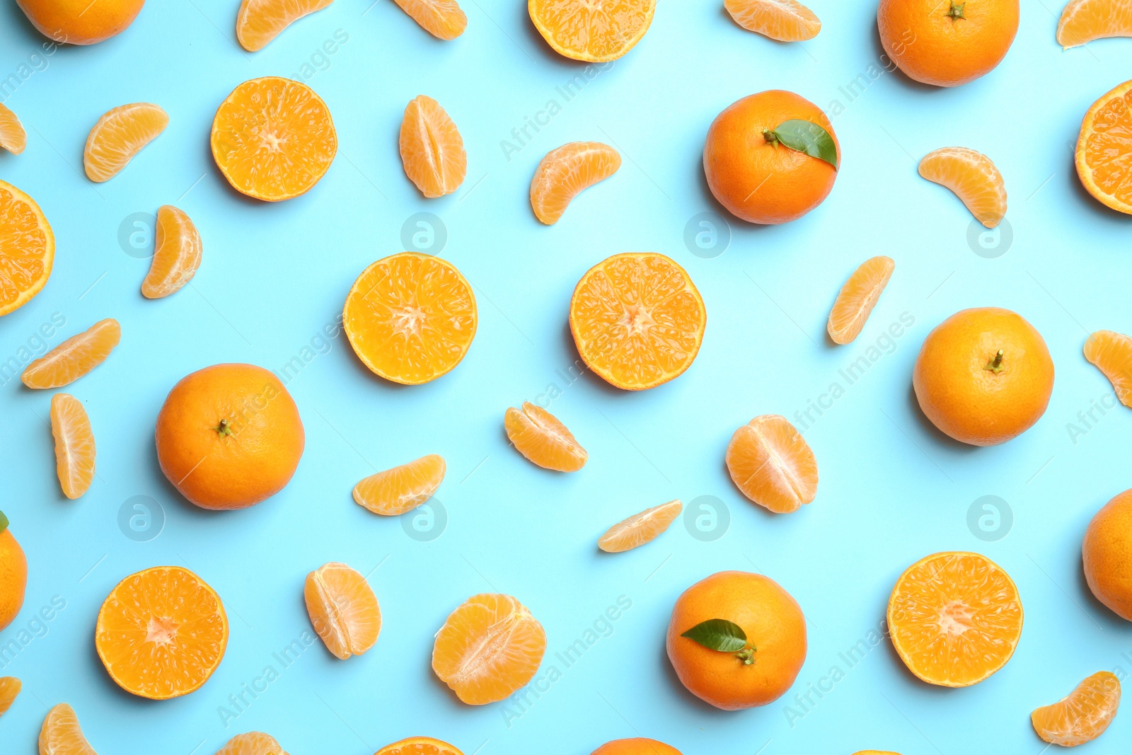 Photo of Composition with tangerines on color background, flat lay