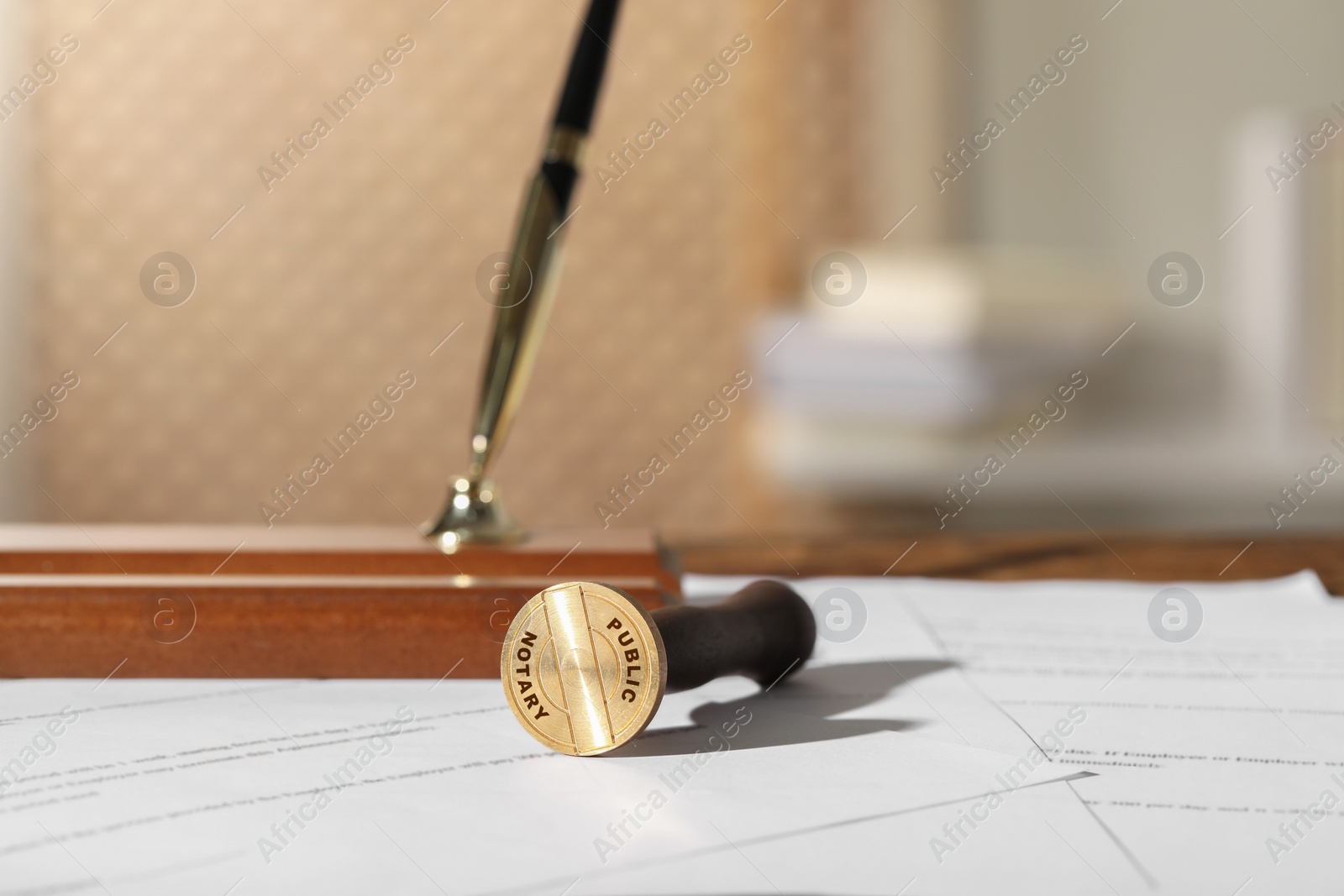 Image of Public notary. Documents and stamp on table, closeup