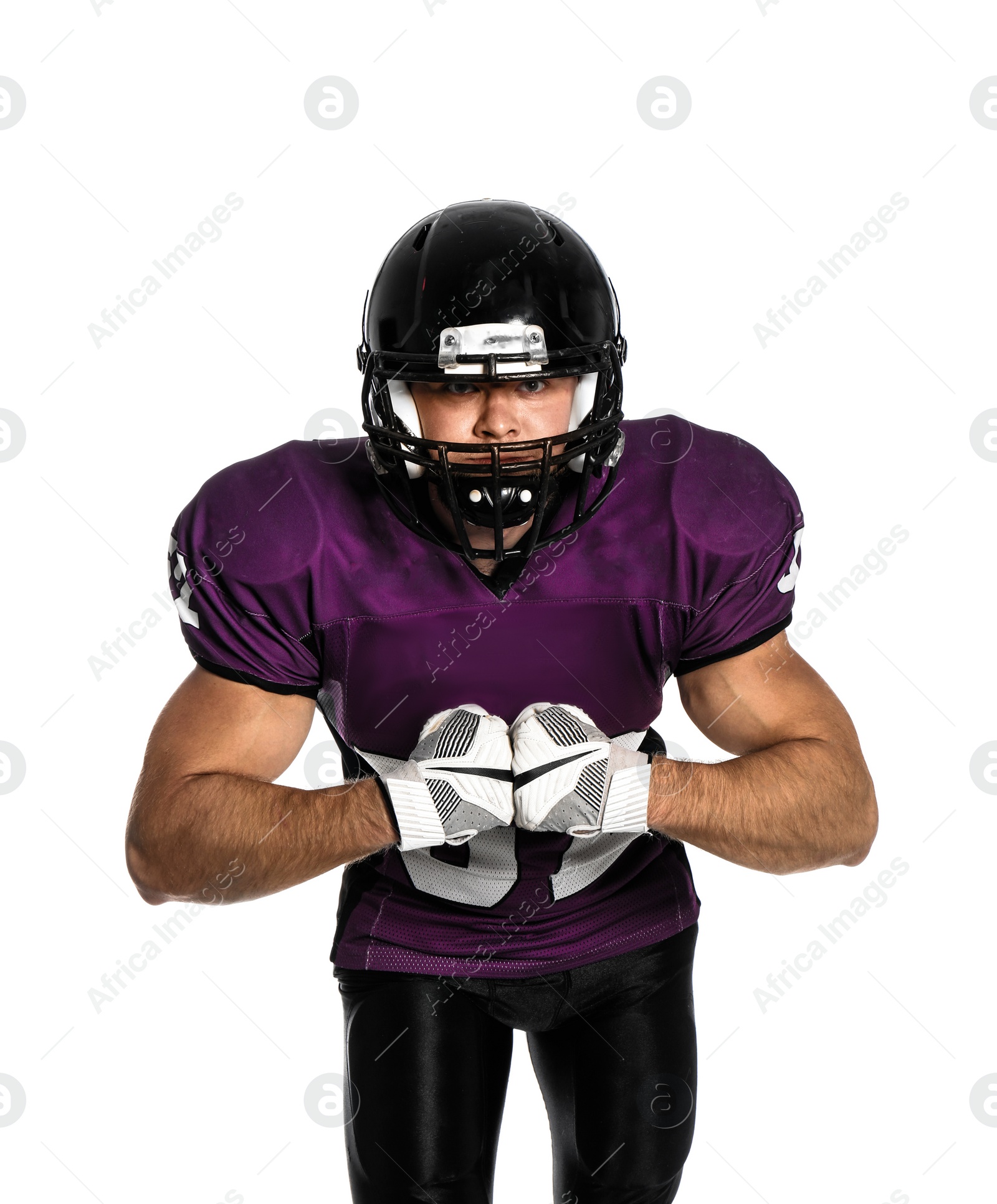 Photo of American football player wearing uniform on white background