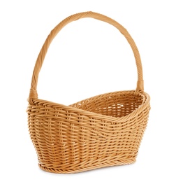 Photo of Empty wicker picnic basket on white background