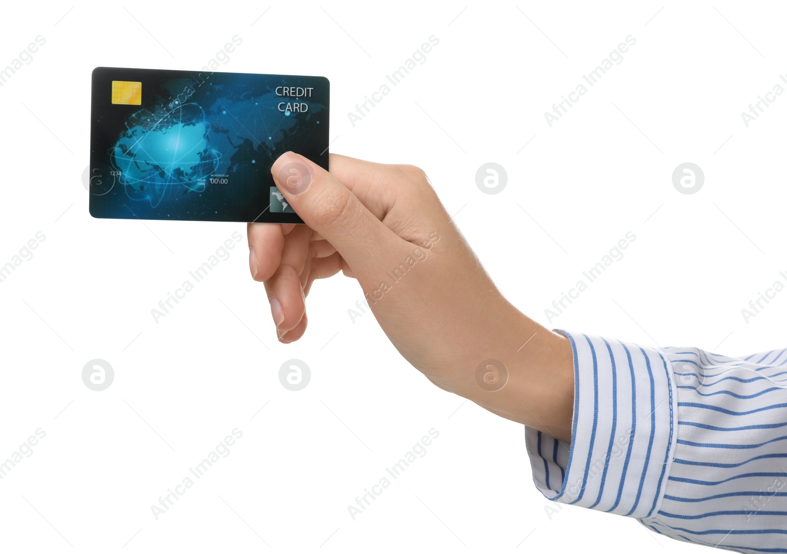 Photo of Woman holding credit card on white background