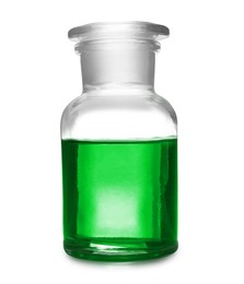 Reagent bottle with green liquid isolated on white. Laboratory glassware