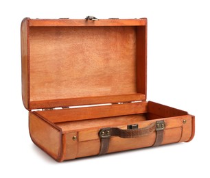 Photo of Opened brown stylish suitcase on white background