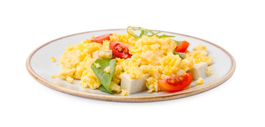 Plate of delicious scrambled eggs with tofu and tomatoes isolated on white