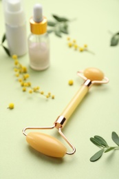 Photo of Natural face roller, cosmetic products and flowers on green background