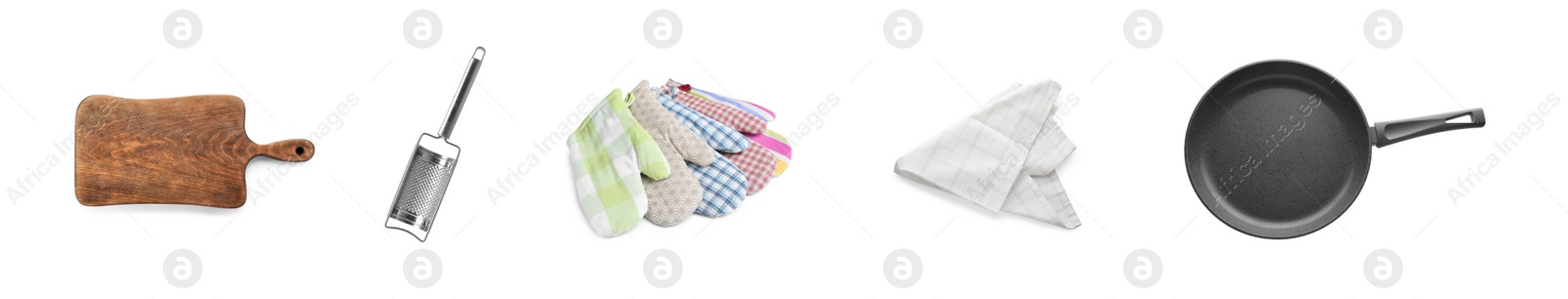 Image of Set with pan, cookware and kitchen utensils on white background, top view. Banner design