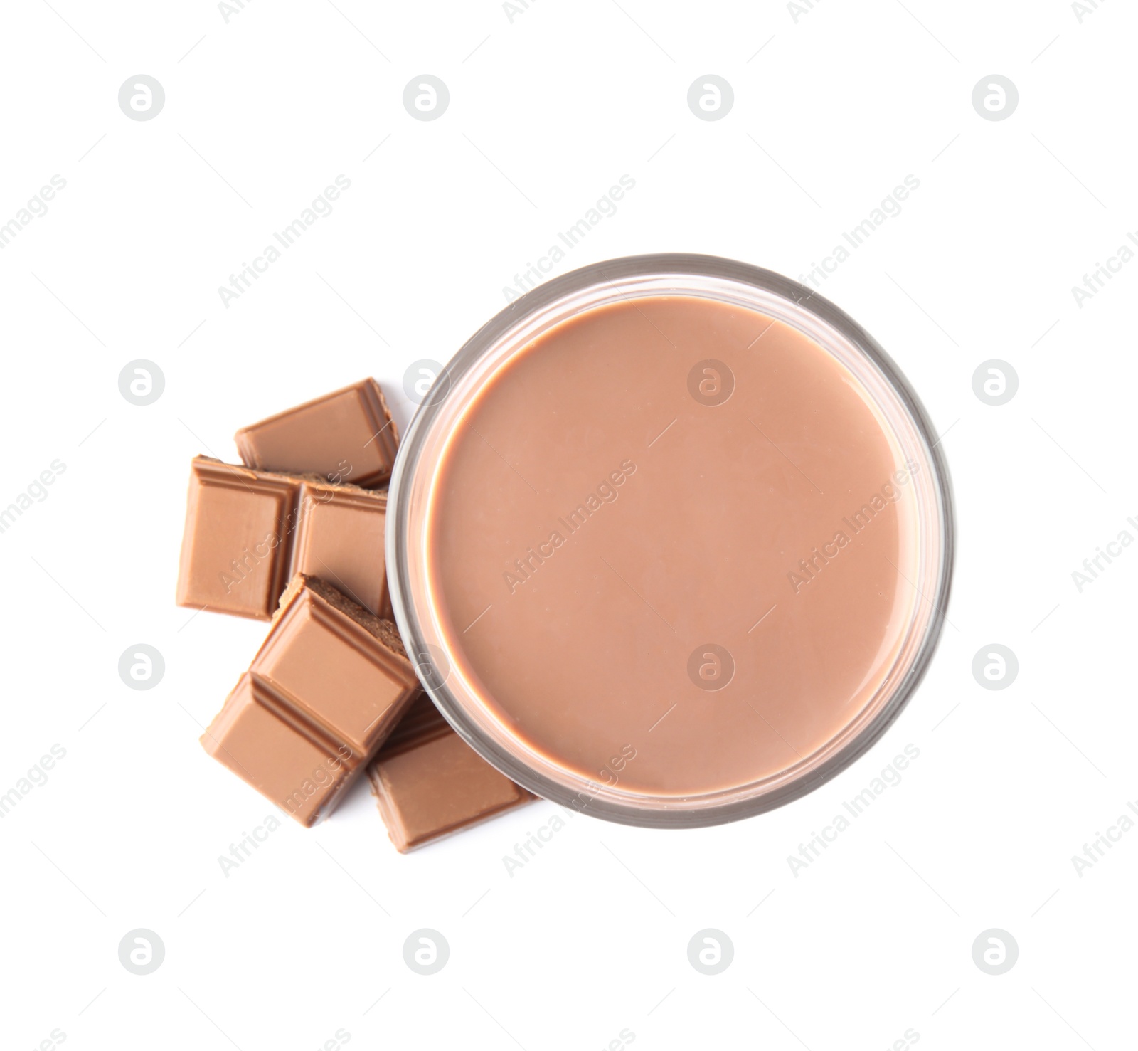 Photo of Glass with tasty chocolate milk on white background, top view. Dairy drink