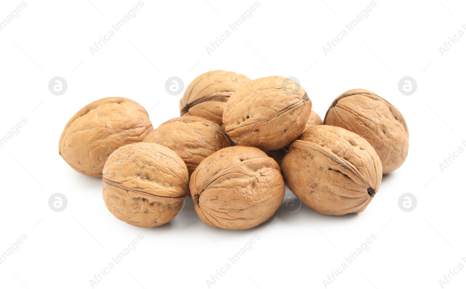 Photo of Whole walnuts in shell on white background