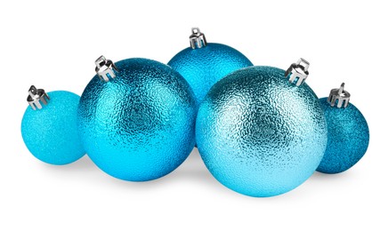 Photo of Beautiful light blue Christmas balls isolated on white