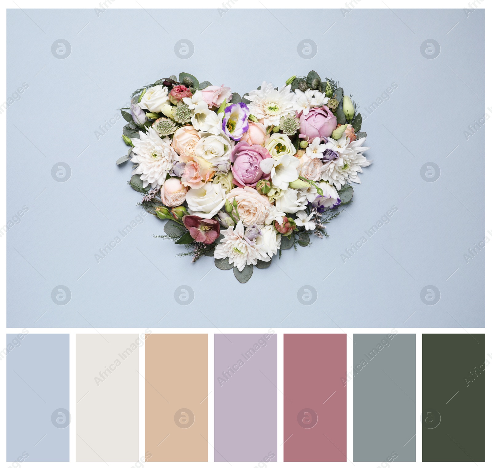 Image of Color palette and beautiful heart made of different flowers on light blue background, flat lay. Collage