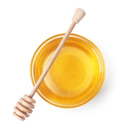 Photo of Tasty honey in bowl and dipper isolated on white, top view