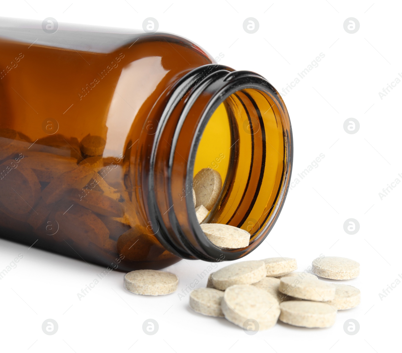 Photo of Bottle with vitamin pills isolated on white, closeup