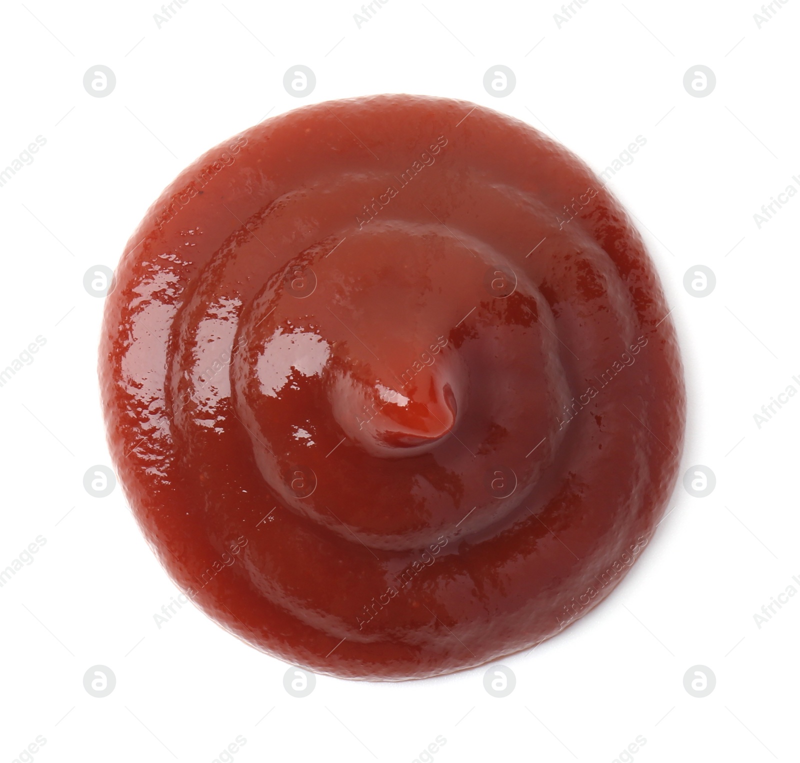 Photo of Tasty barbecue sauce isolated on white, top view