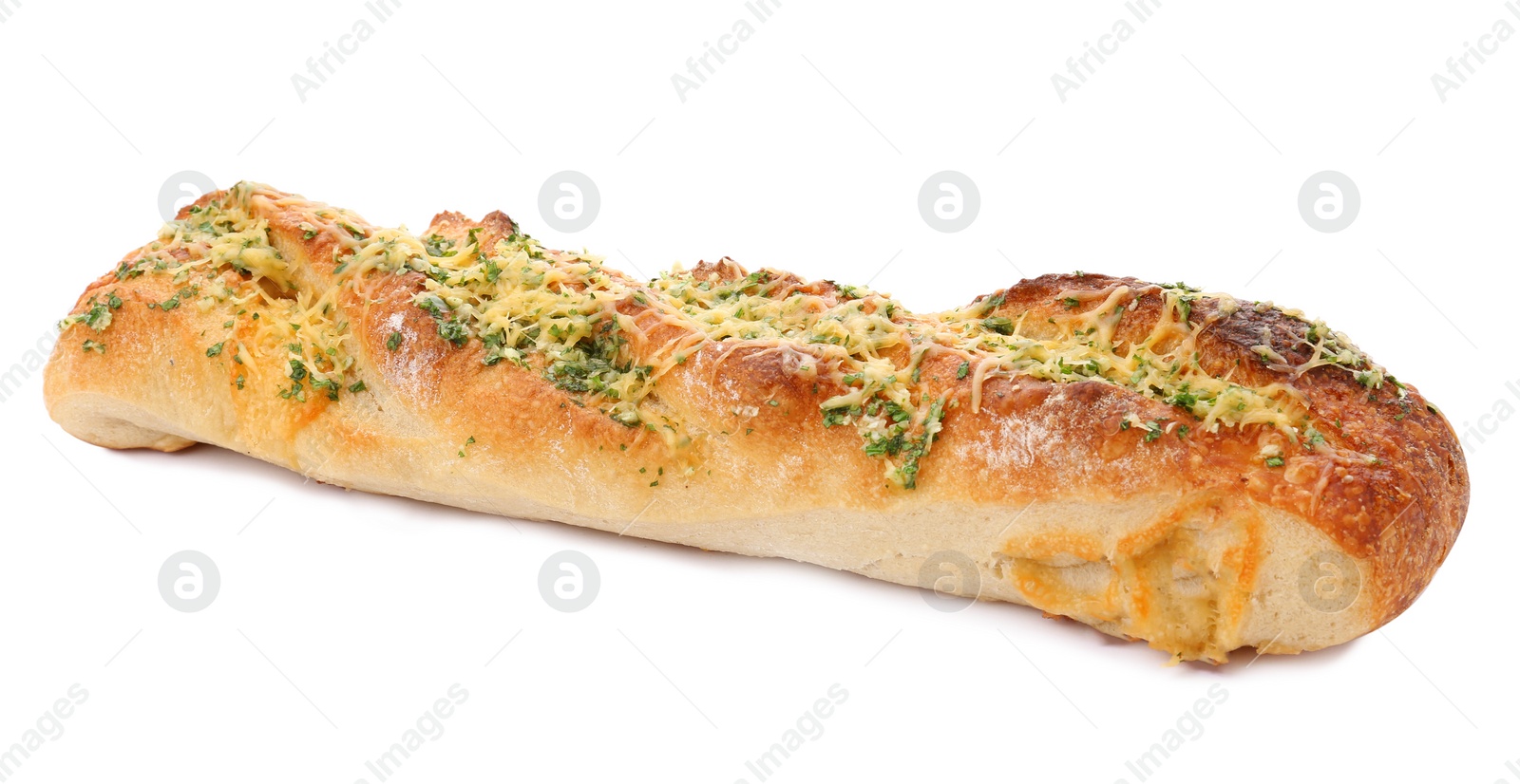 Photo of Tasty homemade garlic bread with cheese and herbs on white background