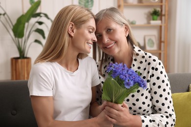 Happy mature mother and her daughter with beautiful cornflowers at home