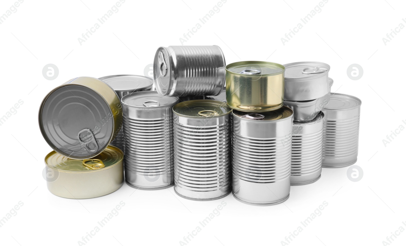 Photo of Many closed tin cans isolated on white