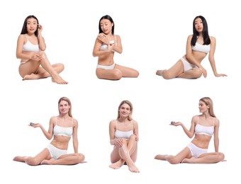 Image of Collage with photos of women applying body cream on white background
