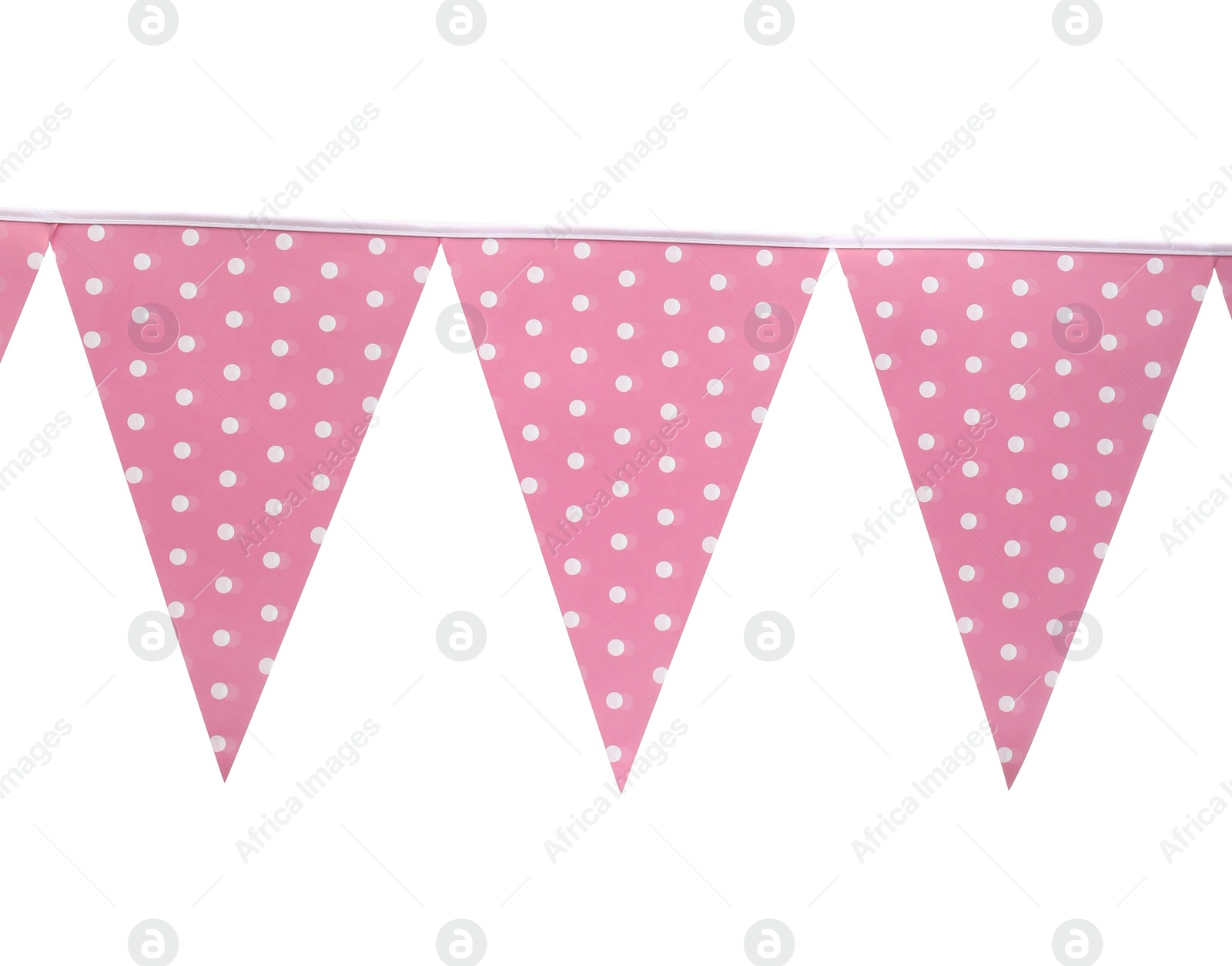 Photo of Triangular bunting flags on white background. Festive decor