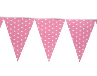 Photo of Triangular bunting flags on white background. Festive decor