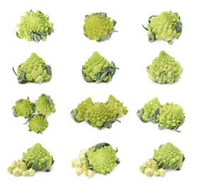 Set with fresh Romanesco broccoli on white background