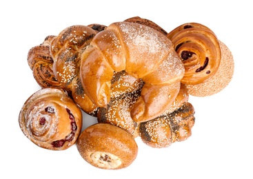 Photo of Different delicious fresh pastries on white background, top view