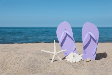 Photo of Stylish violet flip flops, starfish and seashells on beach sand, space for text