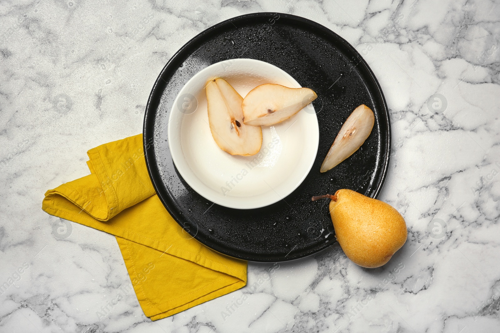 Photo of Flat lay composition with ripe pears on marble background