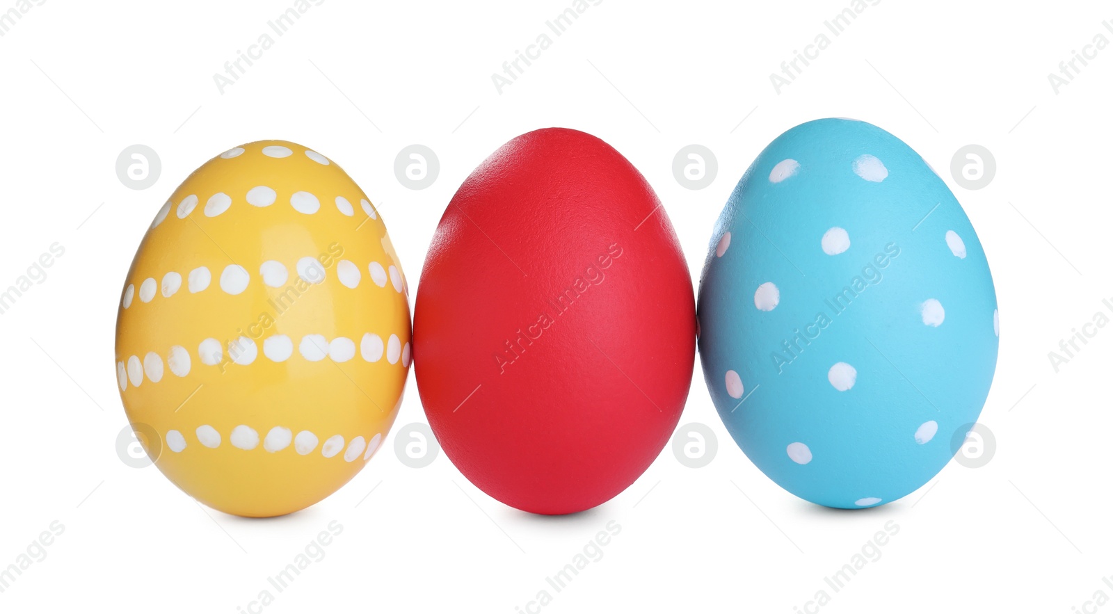 Photo of Colorful eggs on white background. Happy Easter