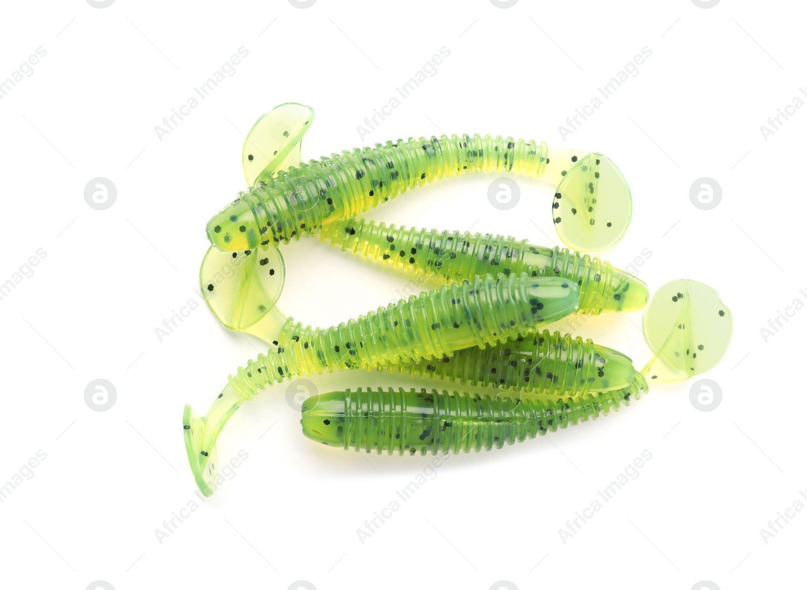 Photo of Rubber worms on white background, top view. Fishing lure