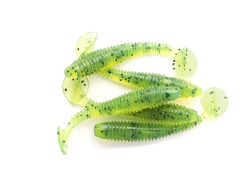 Rubber worms on white background, top view. Fishing lure