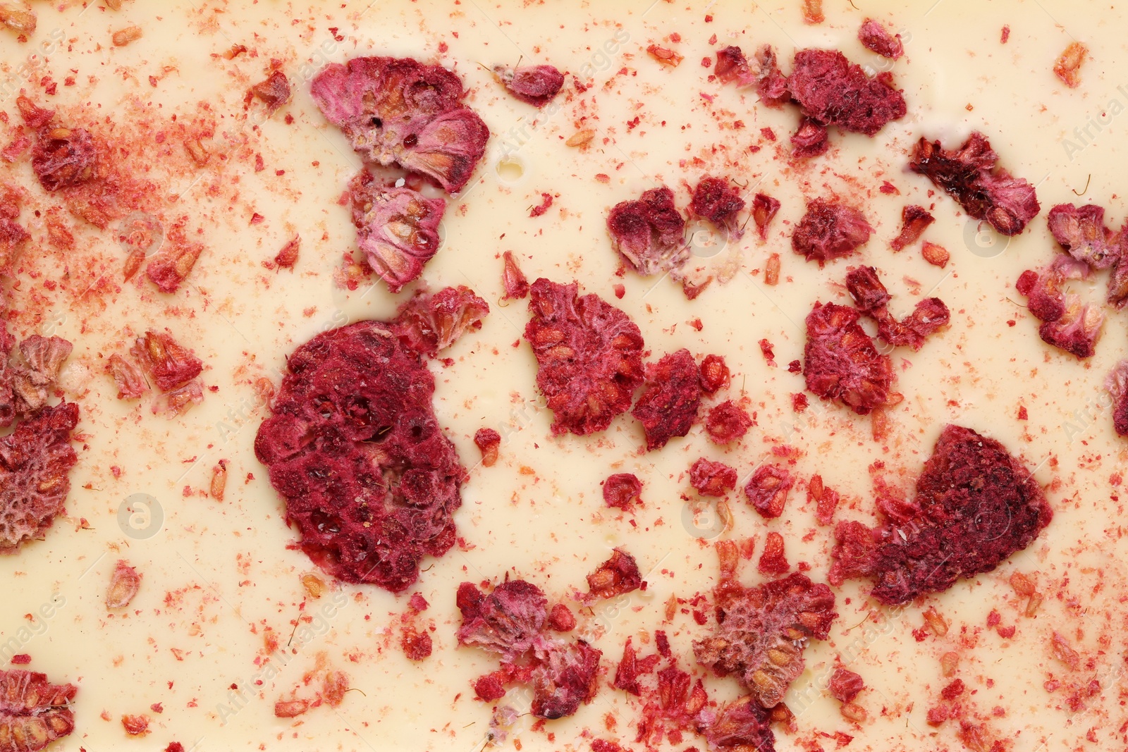 Photo of Chocolate bar with freeze dried raspberries as background, closeup