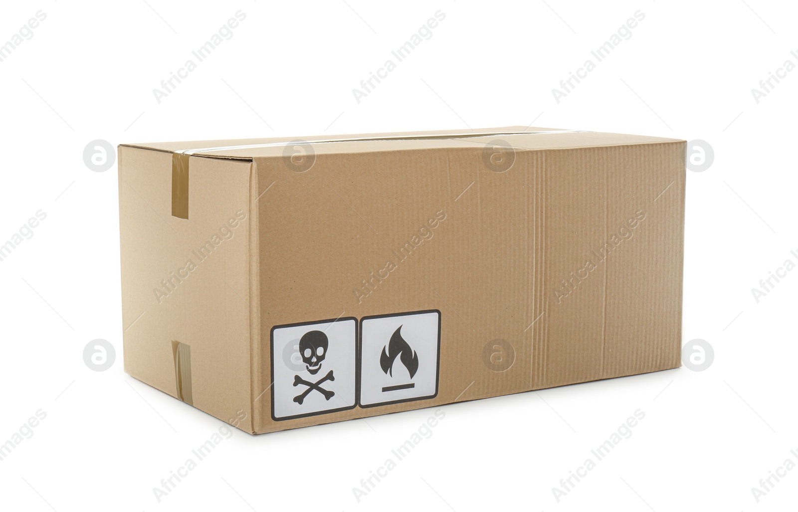 Photo of Cardboard box with different packaging symbols isolated on white. Parcel delivery