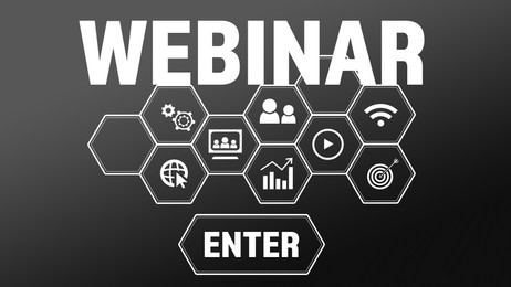 Illustration of Online webinar. Web page with different icons and Enter button on dark gray background